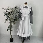 作品メイド服、Mサイズ、千鳥チェッククラシカルロングワンピースと白ロングフリルエプロン