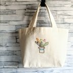 作品【手刺繍】カラフルな観葉植物　ミニトートバッグ　生成り　帆布　手提げ　ランチバッグ