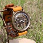 作品手作り腕時計　Via Aurelia(レトロスケルトン &Brown )   --- アンティークでシンプルな男性、女性兼用腕時計。ベルトは牛革を使用。