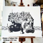 作品Hippo x Tokyo 手描き キャンバス モノクロアート F30号 (909mm×727mm)  玄関 リビング ダイニング 寝室
