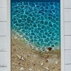 作品海の波紋 レジンアート 水面 水紋 砂浜 beach sea ブルー　グラデーション　父の日　誕プレ　引越し祝い　エポキシ　透明感　ツヤツヤ　什器　ディスプレイ　アクセサリートレイ　インテリア　