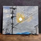作品「燃えるような夕陽と電柱、電線」アクリル画　アートパネル　原画