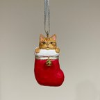 作品木彫のちゃとら猫　クリスマスオーナメント