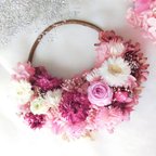 作品フラワーリース　Pink Wreath　母の日　花かごリース　インテリア　プレゼント　オシャレ　プリザーブドフラワー　紫陽花リース　可愛い　ピンク　お花