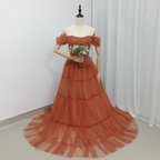 作品テラコッタ色  オフショルダー  カラードレス 編み上げ  華やかなトレーン /結婚式披露