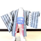 作品ベビー和服　羽織H３０： グレーにハート縞の織り（サイズ６０～９０まで）着物地　コットン