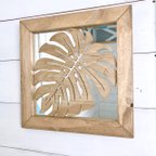 作品ハワイアンウッドミラー モンステラデザインミラー 壁掛けミラー 木製の鏡 四角 スクエアタイプ 店舗ミラー 南国植物