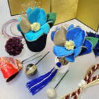 作品成人式 髪飾り 椿 振袖 二十歳 水引 ツバキ 卒業式 和 青 ブルー 和装 結婚式 ベルベット花 ウェディング