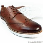 作品PARASHOE 本革ウィングチップ ビジネスカジュアルシューズ 厚底白ソール ワイズ3E（EEE）茶色 22cm～32cm【メンズ革靴・紳士靴／大きいサイズ、小さいサイズあり】（PS1810-BR）