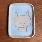 作品陶器　角皿　（水色　うさぎ）