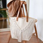 作品Leather Handle Macrame Tote Bag