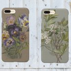 作品【iphone】パンジーと白い花 アンティーク植物図鑑 スマホケース