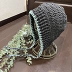 作品☆手編み コットン ニットフード☆ブラックデニム×ターコイズグリーン