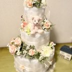 作品おむつケーキ　3段女の子用　キャンドルリング付出産祝い、送料無料（一部を除く）