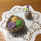 作品ミニチュア木工毛糸＆マチ針立て(紫)
