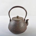 作品煎茶道具　龍文堂造　宝珠形秋草文　銅蓋　鉄瓶　鉄壷