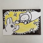 作品ボールペン画【イラスト くまと宇宙うさぎ】