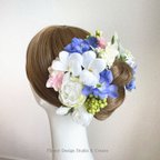 作品プルメリアと青いデルフィニュウムのヘッドドレス　ヘアアクセサリー　結婚式　成人式　ウェディングドレス　前撮り　髪飾り　海外挙式　ブライダル　ハワイ挙式　沖縄挙式　グアム挙式