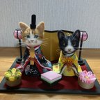 作品＊JUNJUN＊  羊毛フェルト ハンドメイド 茶シロ猫とハチワレ猫のお雛様飾りセット 猫 ひな祭り