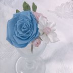 作品青いバラの花束　ミニ(つまみ細工)