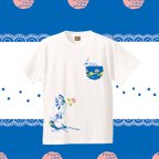 作品◆完売!＊ 大菊とインコ達のレディースＴシャツ(ブルー) Ｍサイズ1点のみ＊