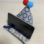 作品【送料無料】ボタニカル調柄スマホクッション 赤青色