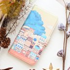 作品[ベルト]アンドロイドiPhone手帳型スマホケース「青い木の下のパンの街」内側デザイン可！