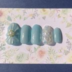 作品No1:  ぷっくりFlowerネイルチップ　ブルー　blue flower nail tips 