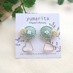 作品ミントグリーン と ハートの 刺繍ピアス /イヤリング    (*´˘`*)  送料無料        