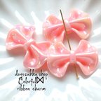 作品4こ☆　リボン型オーロラカラーパーツ（縦穴あり）ピンク　　ハンドメイド　アクセサリーパーツ　個性的　クリア
