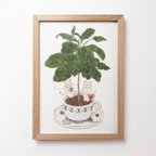 作品猫とコーヒーの木 アートプリント/イラスト複製画 A4