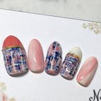 作品ざっくりツイードネイル☆オーダーネイルチップ🌸秋ネイル🌸大人ネイル☆ツイード💅華やかネイル✨ネイルチップ専用両面テープ＆ヤスリ付き！ピンク✨