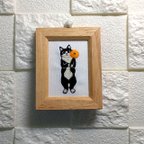 作品猫とガーベラ 刺繍 ミニフレーム 壁飾り 置物