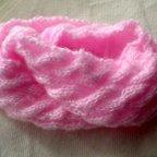作品ピンクモヘア毛糸のケーブル編みふわふわもこもこキッズスヌード