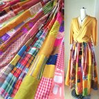 作品★GWセール 絵画なパッチワーク♥saffron yellow♥85㎝丈 ボリューム ロングギャザースカート wゴム