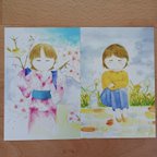 作品女の子と桜＆女の子とたんぽぽ（ポストカード）