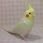 作品リアルサイズ オカメインコ ルチノーパール 濃赤目 Wool figure Real size cockatiel Stuffed wool 玄鳳鸚鵡 羊毛インコ 羊毛フェルト 鳥のオブジェ 受注制作