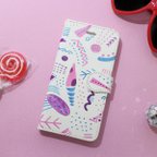 作品「ピンクと紫のトロピカルパターン」iPhone各種 手帳型スマホケース