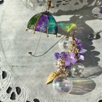 作品虹を作り出す傘と紫陽花の和風ピアス　イヤリング傘レジンとアジサイとシャボン玉(グラデーション強め)