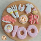 作品『100日祝い、お食い初め』✴︎cuteなデザイン🌸100日祝い鯛&祝の文字入り 盛りだくさんのアイシングクッキーセット 女の子用