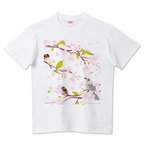 作品SAKURA 春桜 メジロ ヒヨドリ スズメ お花見日和 Tシャツ 半袖 0540