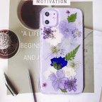 作品本物の押し花 押しフルーツ デルフィニウム 千鳥草  アジサイ　 ハンドメイド スマホケース iPhoneケース　Galaxyケース