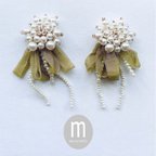 作品2way☆つぶつぶパール×シフォンタッセル オリーブ ピアス/イヤリング