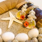 作品真夏の海の雫  お花と貝殻の天然石(ORANGE)イヤリング／ピアス