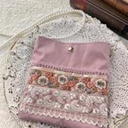 作品インド刺繍リボン、くすみピンク色のポケットスマホポシェット