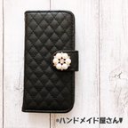 作品ビジュー付き♡キルティング 手帳型 iPhoneケース【ブラック】