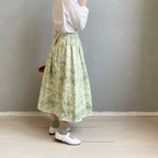 作品オリジナルテキスタイル「 花の庭 」フレアスカート。ダブルガーゼ。イエロー。【受注製作】