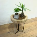 作品杉切り株とアイアン製のサイドテーブル　スツール　椅子　観葉植物　物置き　鉄脚　キャンプ