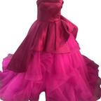 作品カラードレス ビビッドピンク ベアトップ チュールスカート デザイン感  プリンセスライン 結婚式 前撮り
