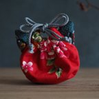 作品猫型の台湾花柄x絹織物mini猫耳巾着ポーチ(一点作品)